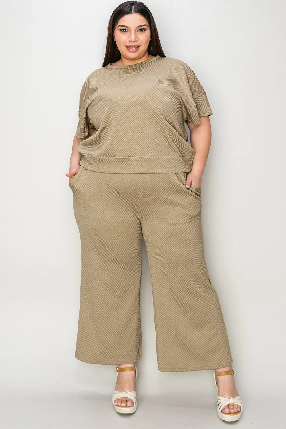 Double Take Full Size Texture Short Sleeve Top and Pants Set-Nordavory