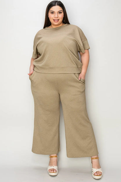 Double Take Full Size Texture Short Sleeve Top and Pants Set-Nordavory