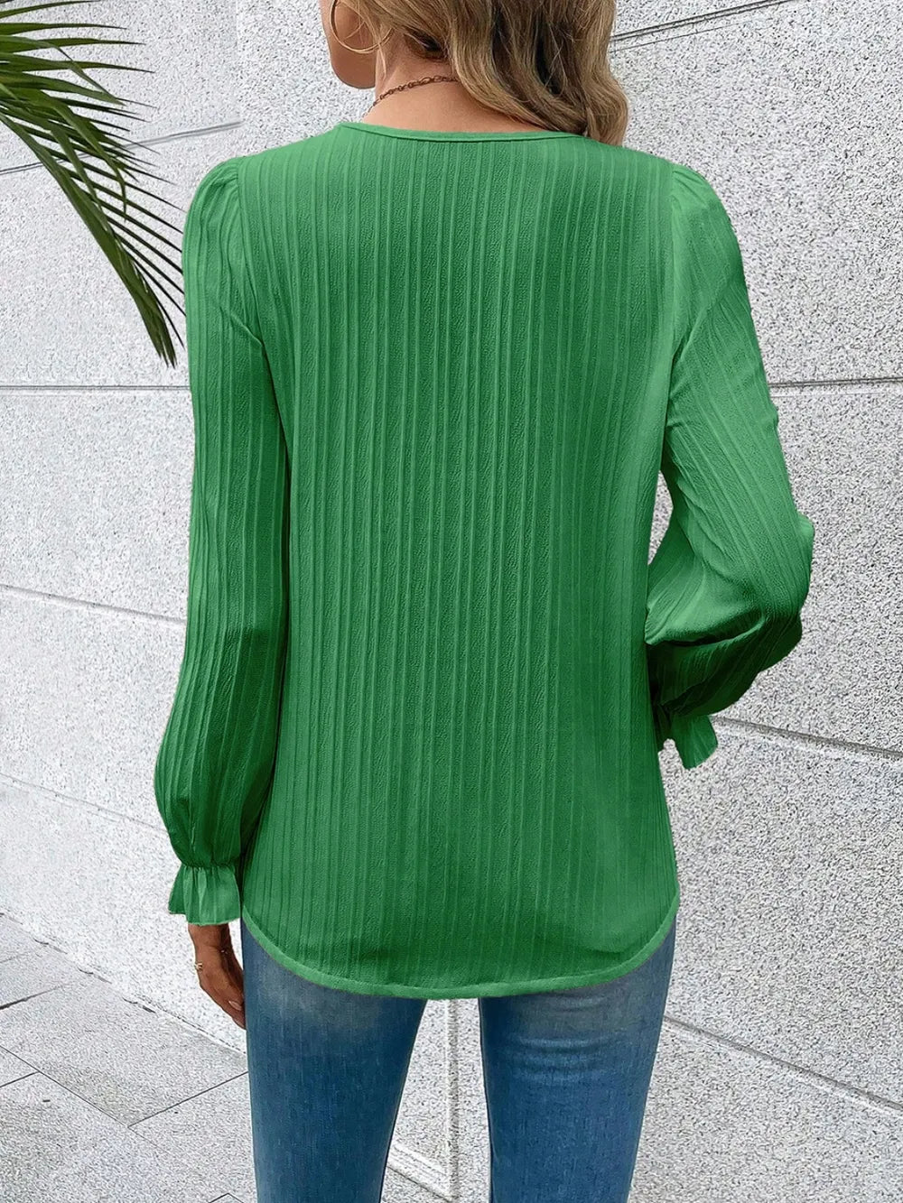 V-Neck Lace Detail Flounce Sleeve Blouse-Nordavory