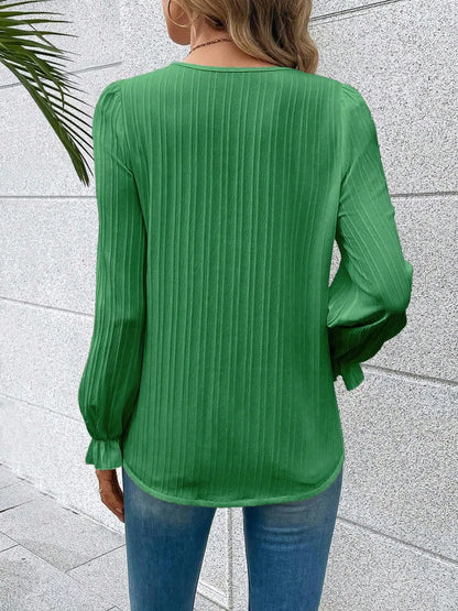 V-Neck Lace Detail Flounce Sleeve Blouse-Nordavory