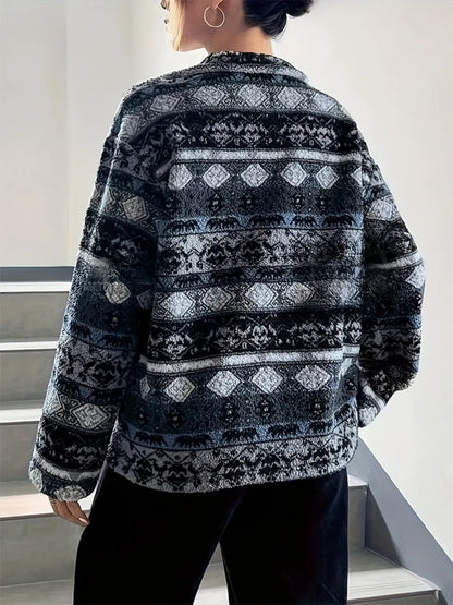 Geometric Turtleneck Zip Up Jacket-Nordavory