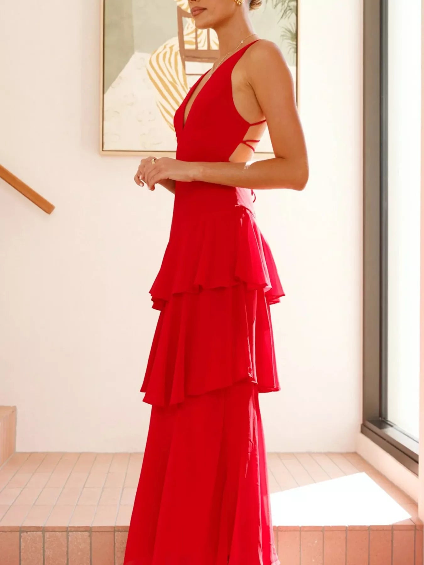 Sleeveless Ruffled Layered Backless Maxi Dress-Nordavory