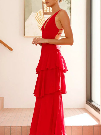 Sleeveless Ruffled Layered Backless Maxi Dress-Nordavory