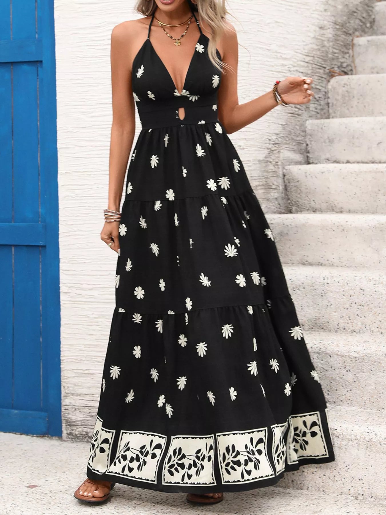 Printed Halter Neck Maxi Dress-Nordavory