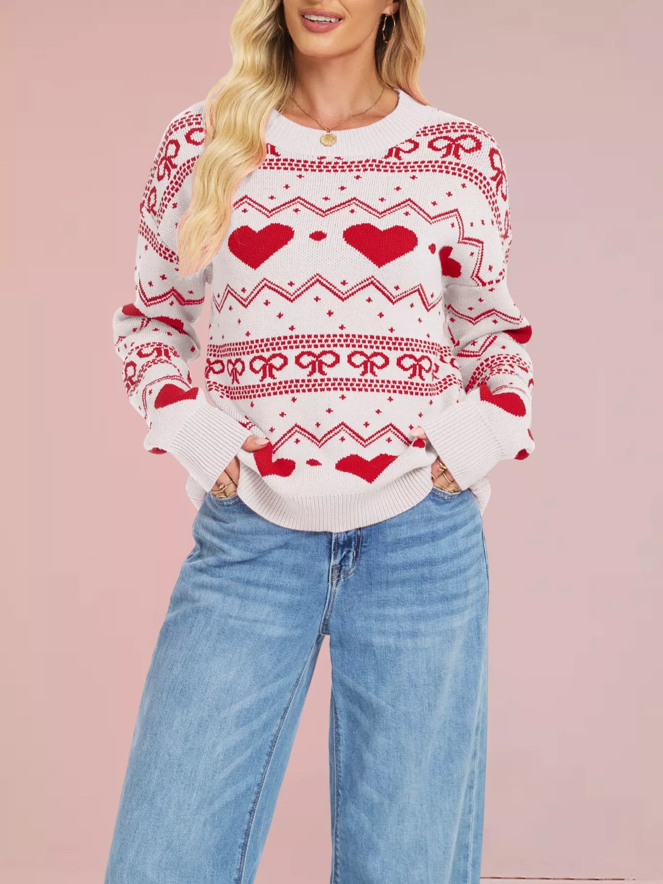 Heart & Bow Pattern Round Neck Sweater-Nordavory