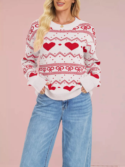 Heart & Bow Pattern Round Neck Sweater-Nordavory