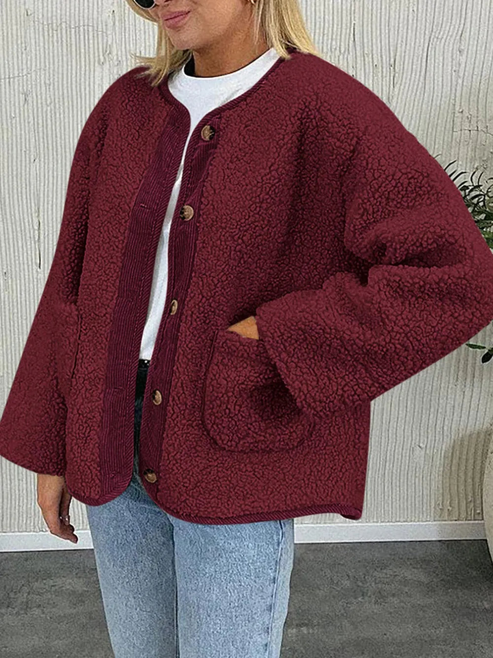 Contrast Button Up Sherpa Jacket with Pockets-Nordavory