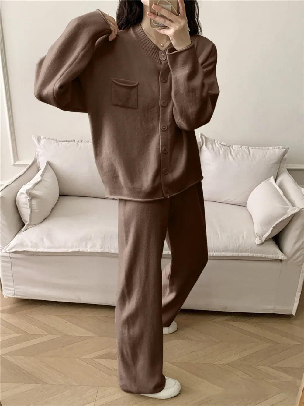 Pocketed Round Neck Button Up Cardigan and Pants Sweater Set-Nordavory