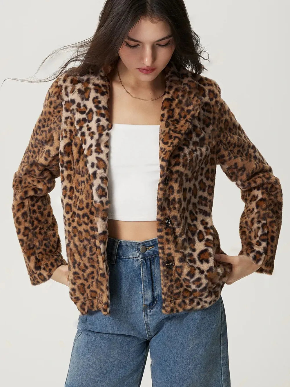 Fuzzy Leopard Collared Neck Jacket-Nordavory