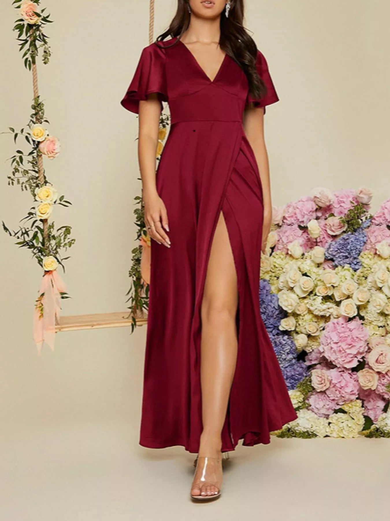 Flutter Sleeve Slit Maxi Dress-Nordavory