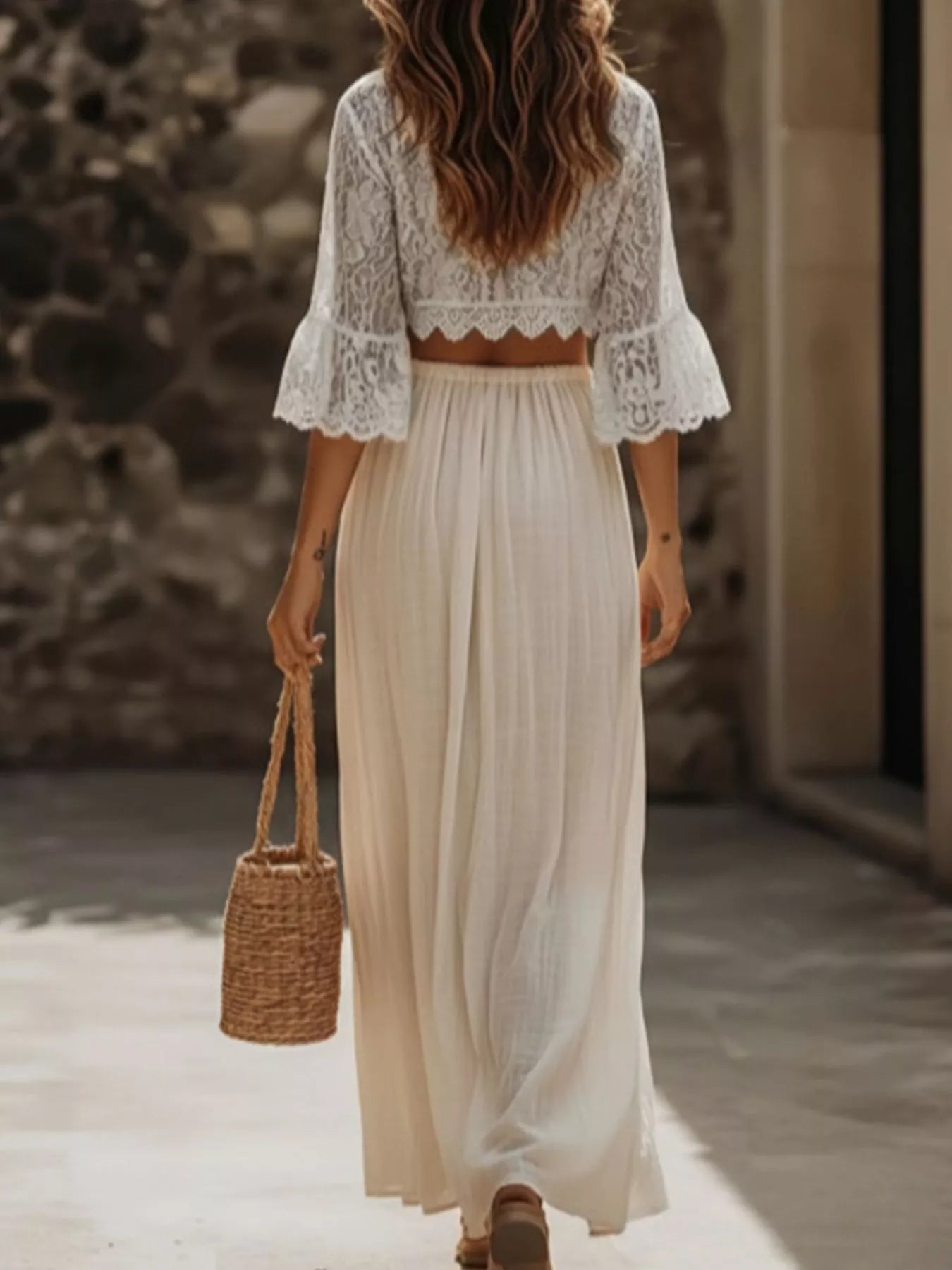Lace Crop Top and Slit Maxi Skirt Set-Nordavory