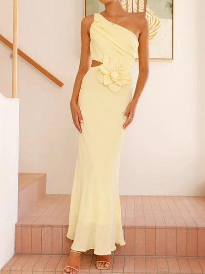 One-Shoulder Floral Cutout Dress-Nordavory