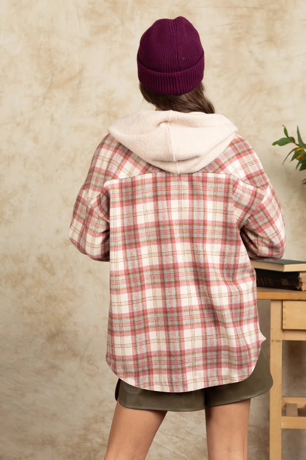 Drawstring Plaid Long Sleeve Hooded Jacket-Nordavory