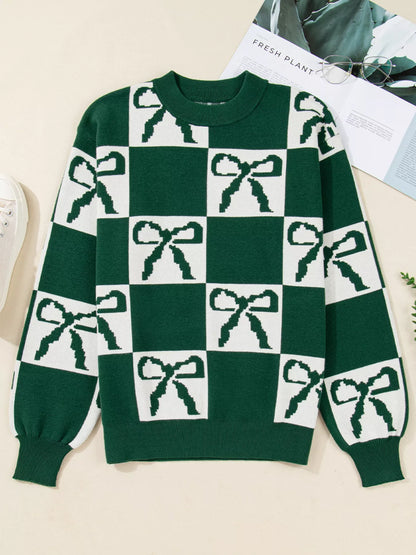 Checkered Bow Round Neck Casual Sweater-Nordavory