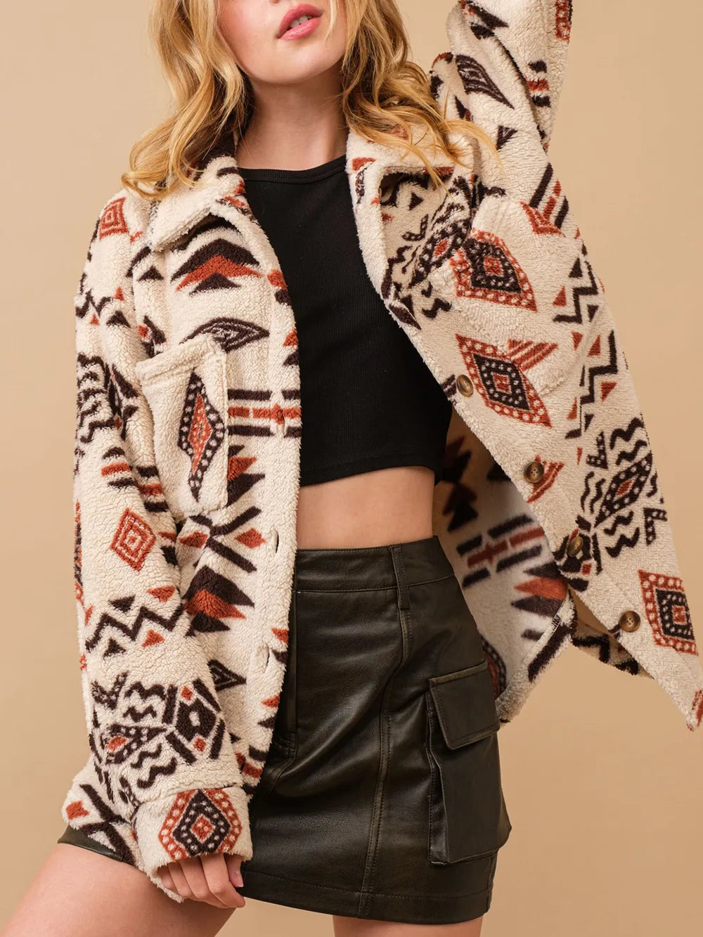 Geometric Button Up Long Sleeve Sherpa Jacket-Nordavory