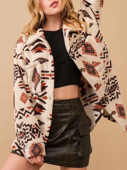Geometric Button Up Long Sleeve Sherpa Jacket-Nordavory