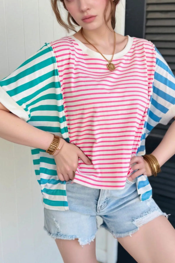 Color Block Striped Batwing Sleeve T-Shirt-Nordavory