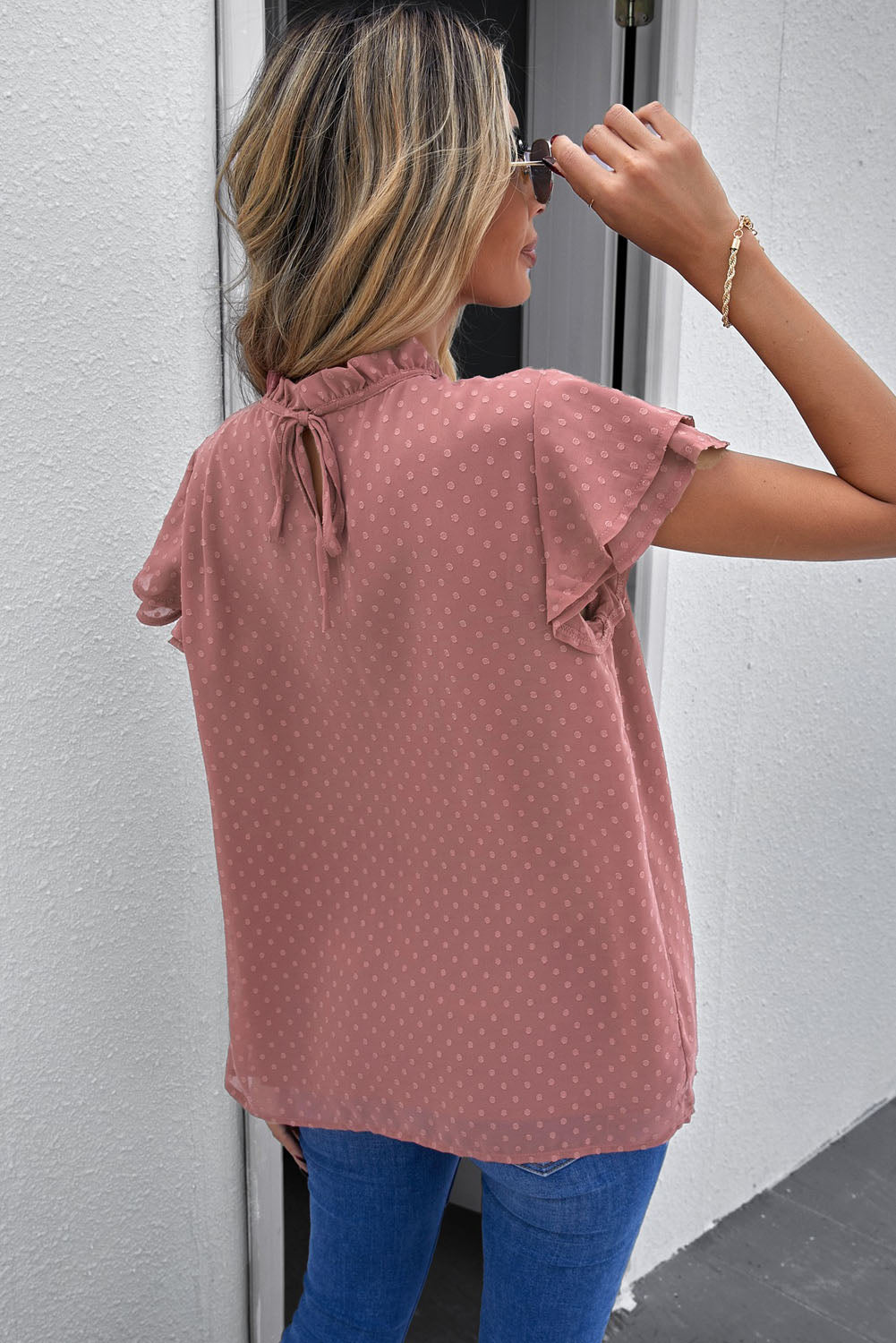 Polka Dot Smocked Flutter Sleeve Blouse-Nordavory