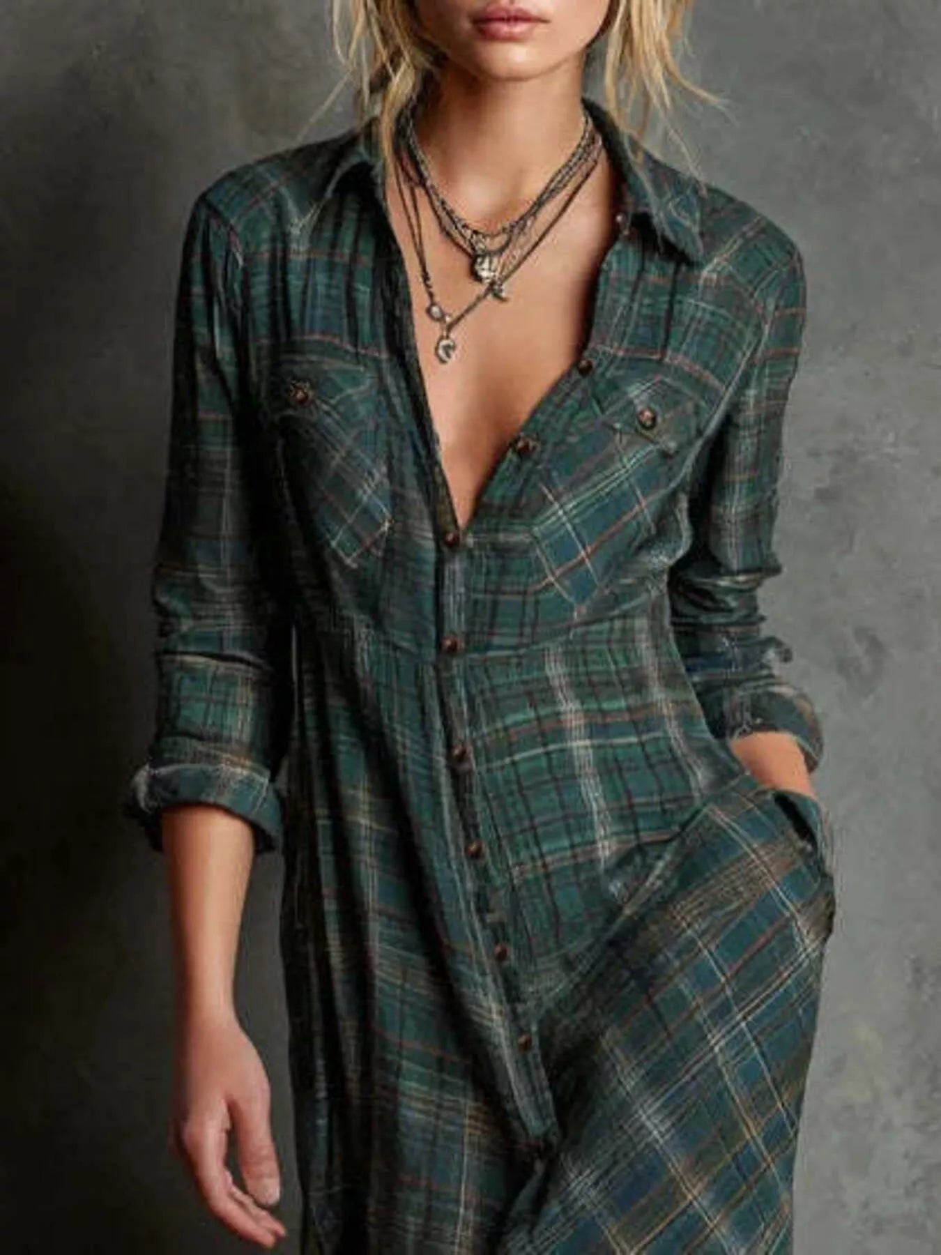 Plaid Button Front Maxi Shirt Dress-Nordavory