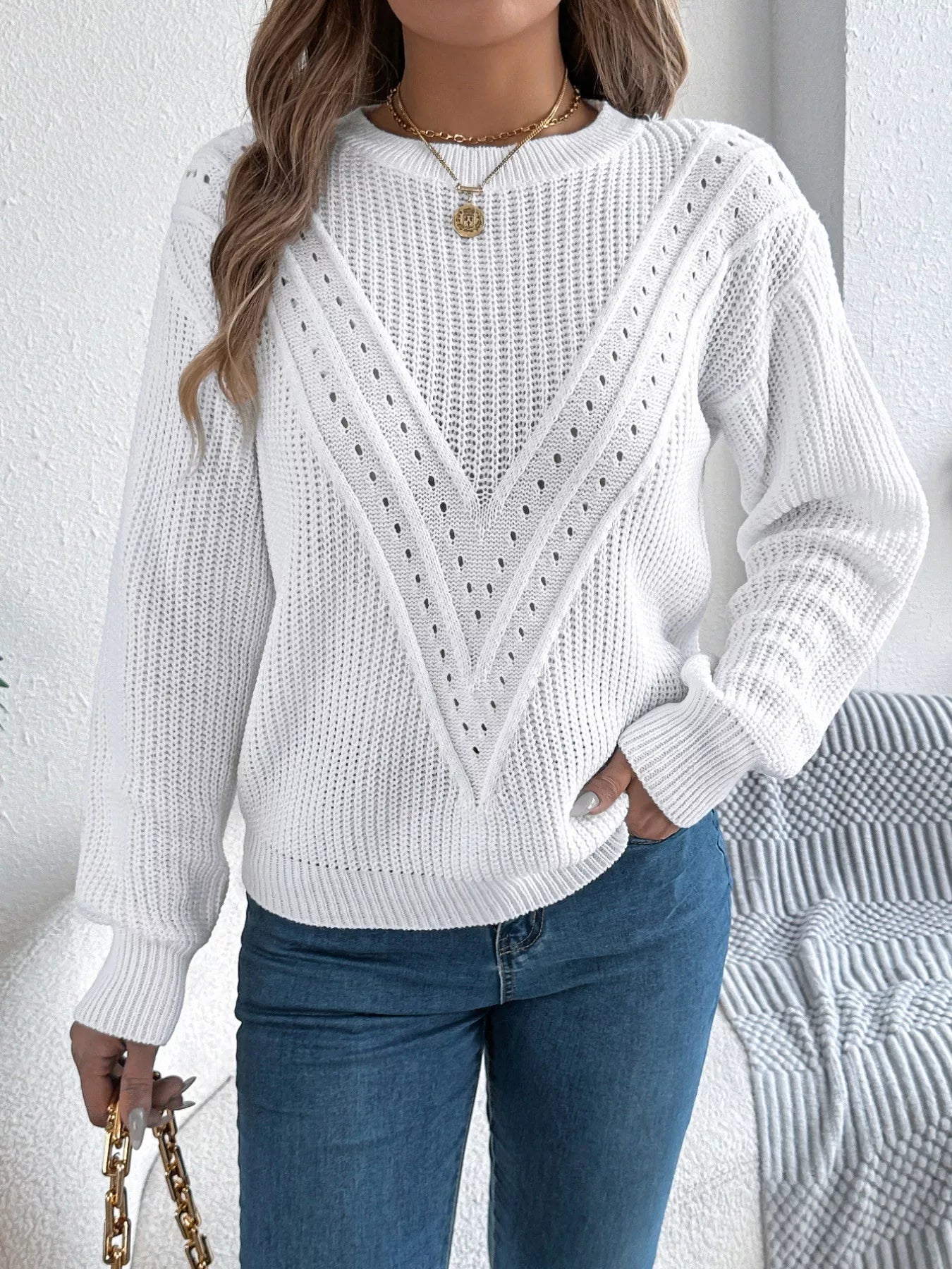 Openwork Round Neck Sweater-Nordavory