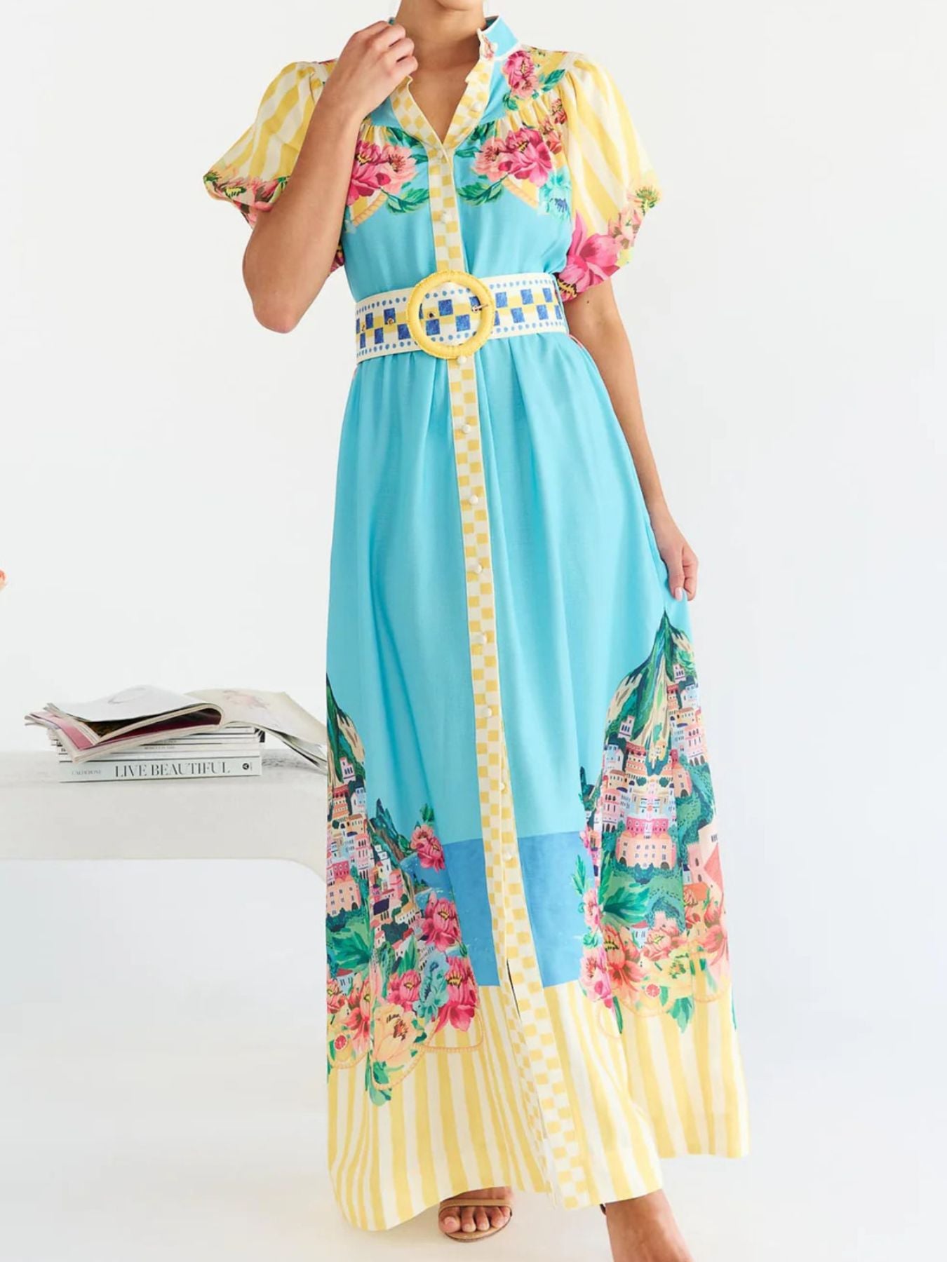 Printed Button Front Puff Sleeve Maxi Dress-Nordavory