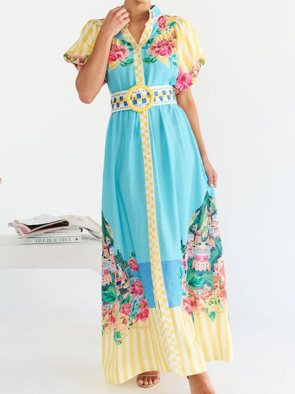 Printed Button Front Puff Sleeve Maxi Dress-Nordavory
