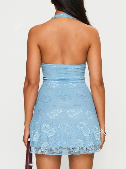 Floral Lace Halter Deep V-Neck Bodycon Dress-Nordavory