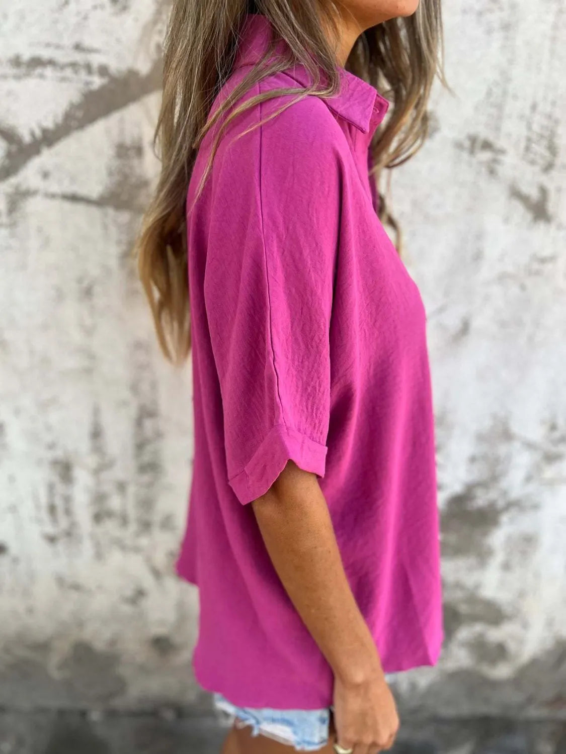 Full Size Collared Neck Half Sleeve Shirt Plus Size-Nordavory