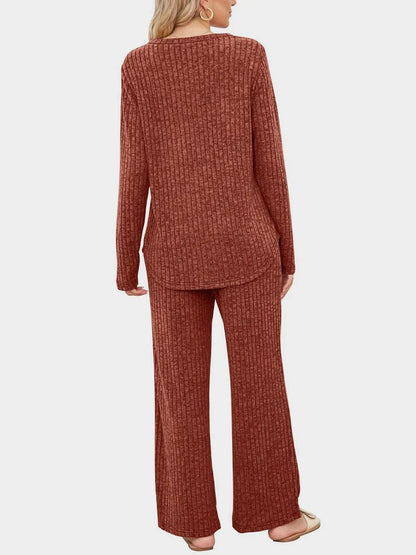 Round Neck Long Sleeve Top and Pants Set-Nordavory