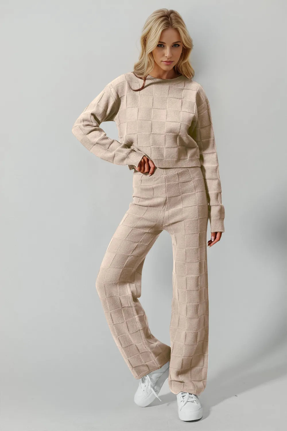 Double Take Full Size Checkered Round Neck Top and Pants Set-Nordavory