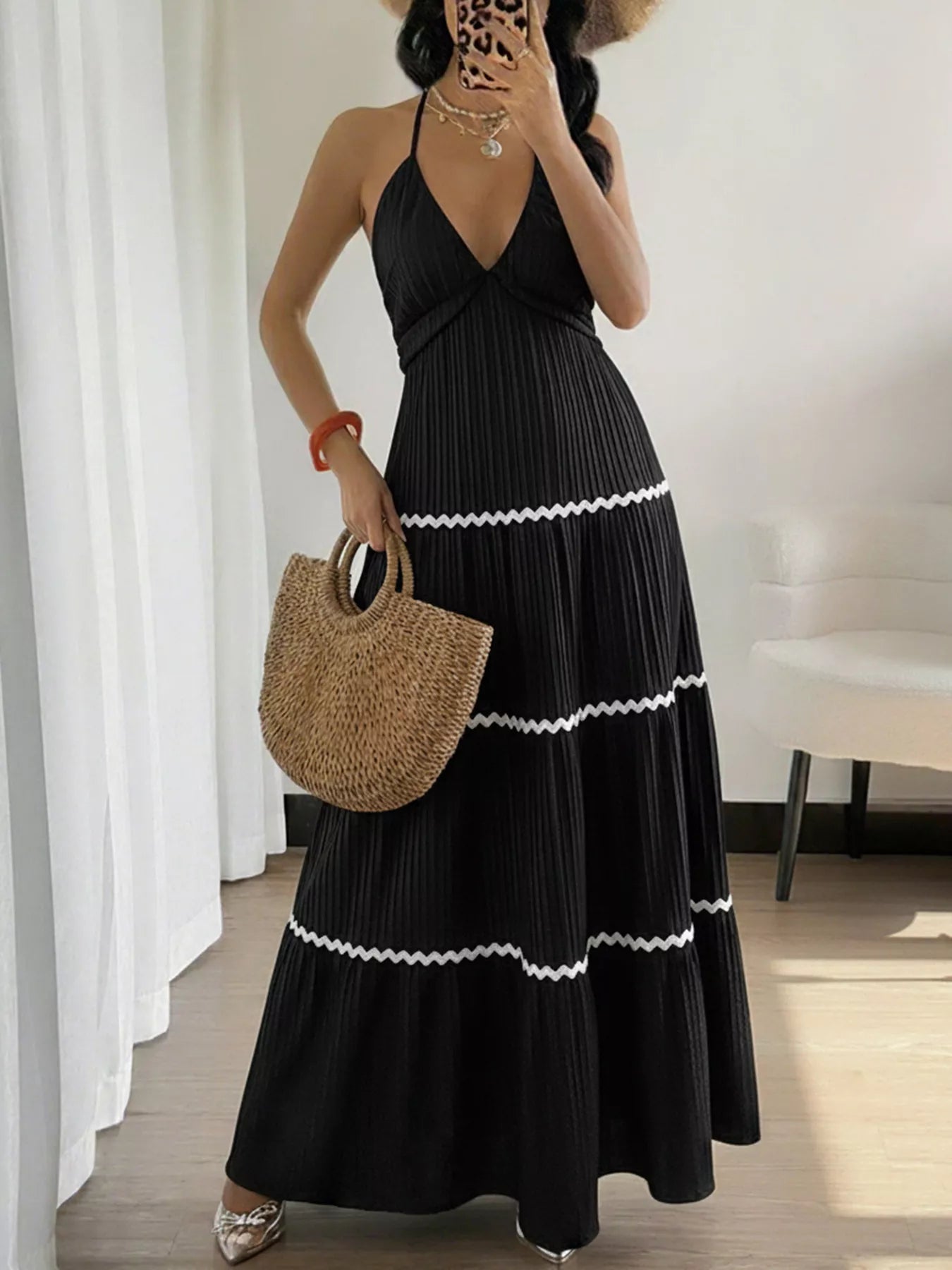 Halter Neck Pleated Maxi Dress-Nordavory