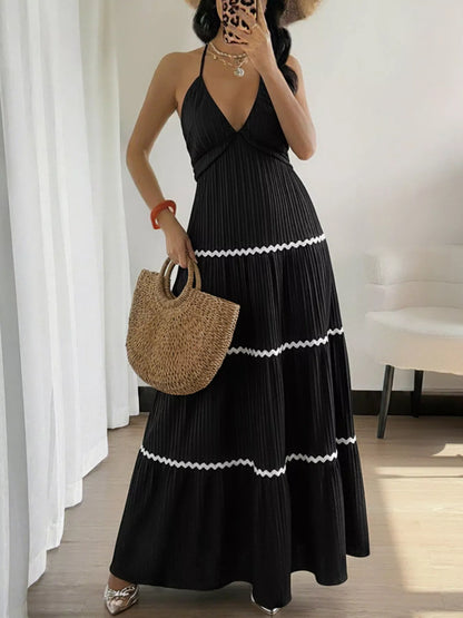 Halter Neck Pleated Maxi Dress-Nordavory