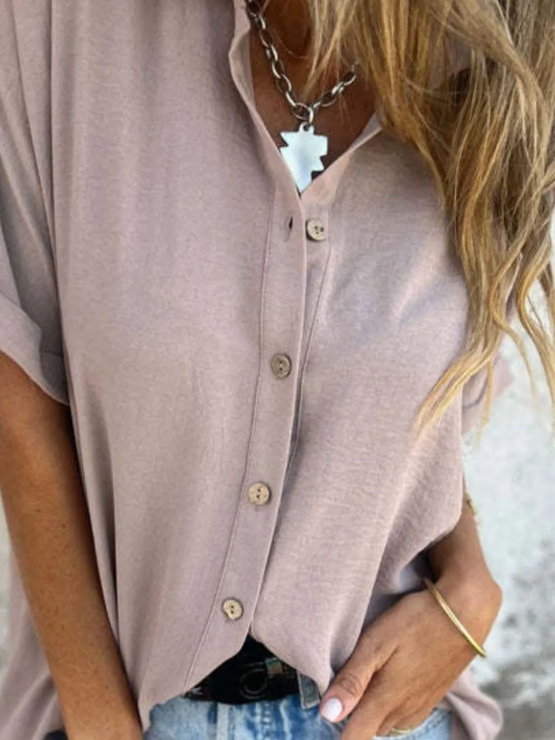 Full Size Collared Neck Half Sleeve Shirt Plus Size-Nordavory