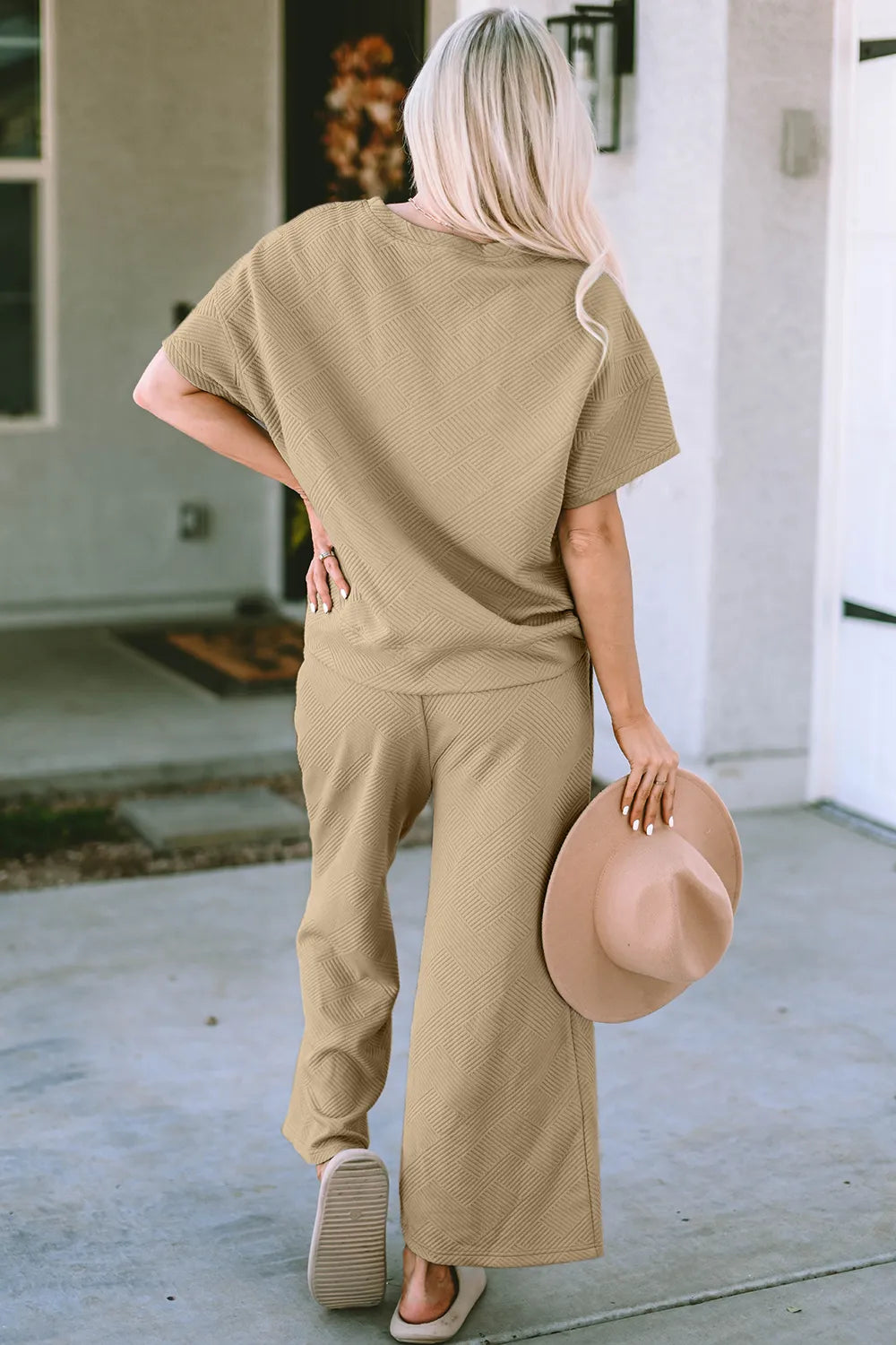 Double Take Full Size Texture Short Sleeve Top and Pants Set-Nordavory