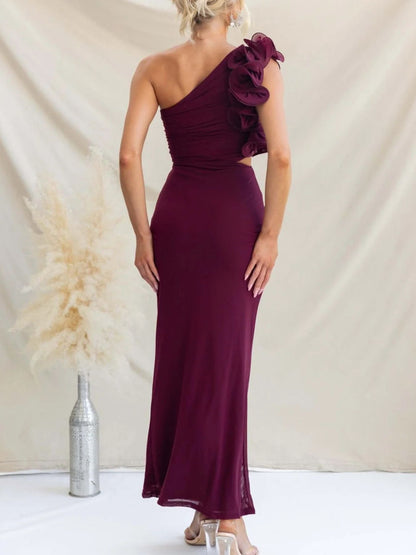 One-Shoulder Floral Trim Sleeveless Maxi Dress-Nordavory