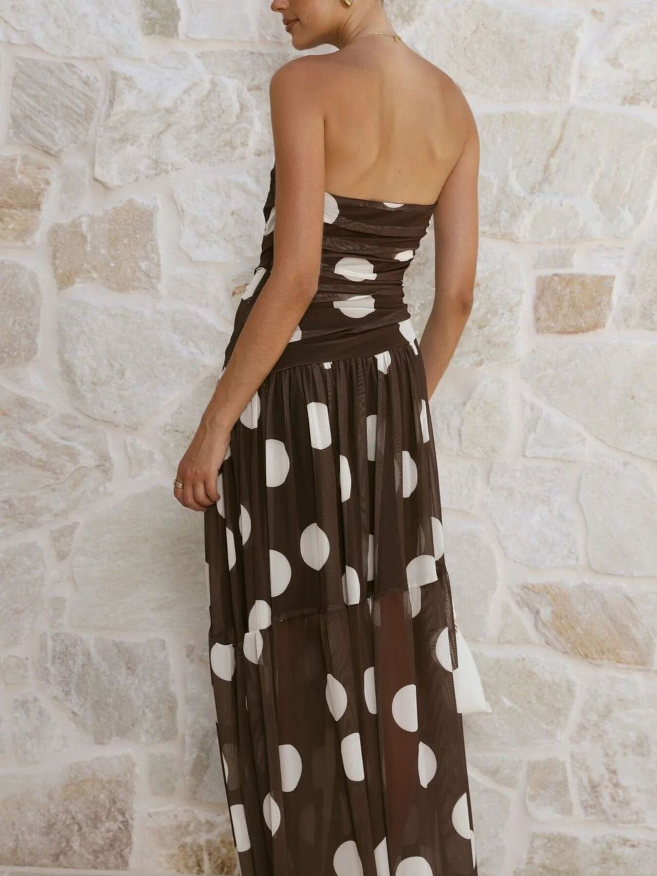 Polka Dot Strapless Ruched Maxi Dress-Nordavory