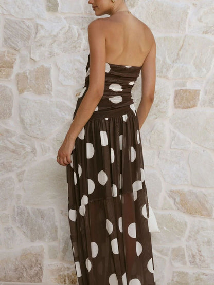 Polka Dot Strapless Ruched Maxi Dress-Nordavory