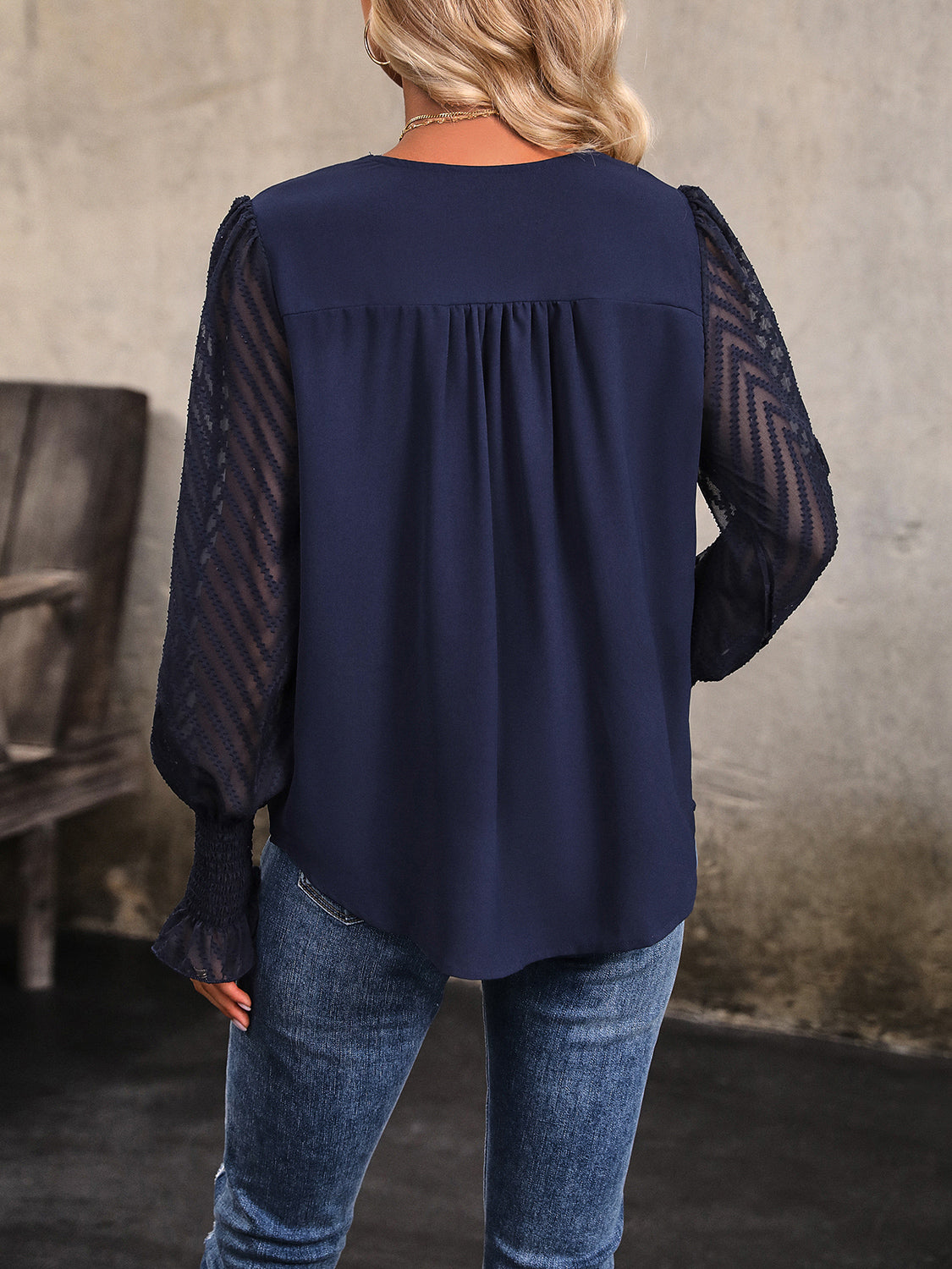 Perfee V-Neck Long Mesh Sleeve Top-Nordavory