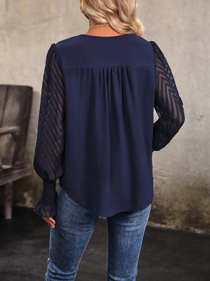 Perfee V-Neck Long Mesh Sleeve Top-Nordavory