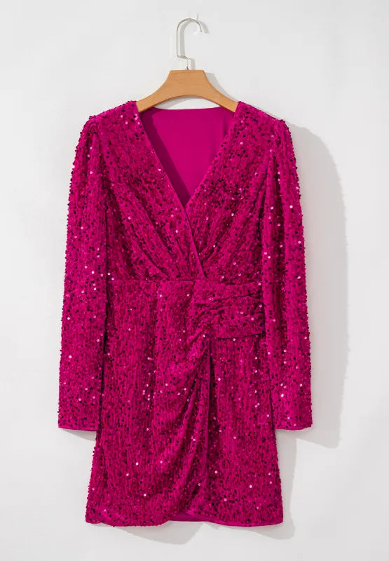 Sequin Surplice Long Sleeve Mini Dress-Nordavory