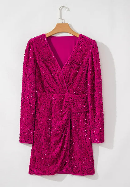 Sequin Surplice Long Sleeve Mini Dress-Nordavory