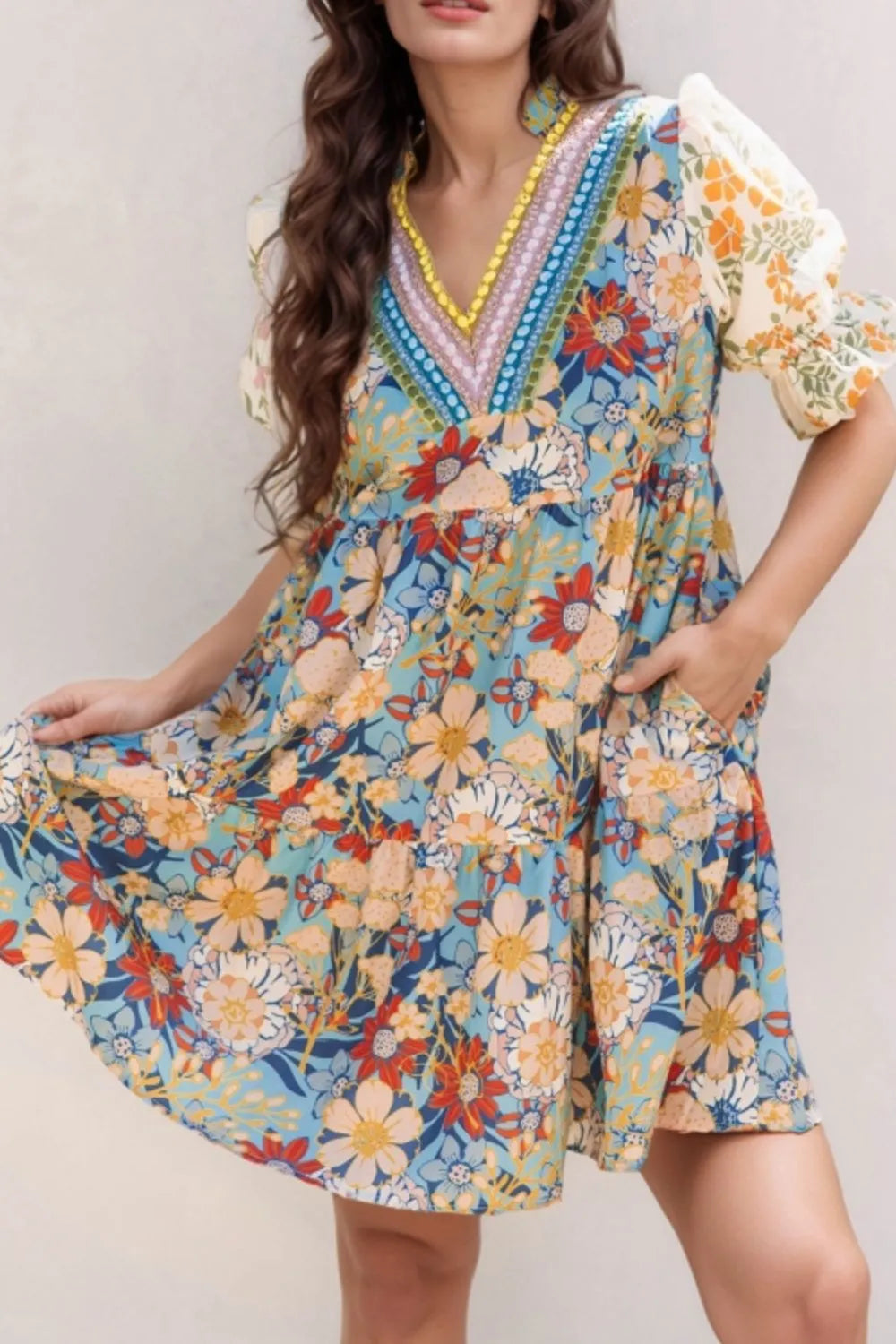 Printed Notched Flounce Sleeve Mini Dress-Nordavory