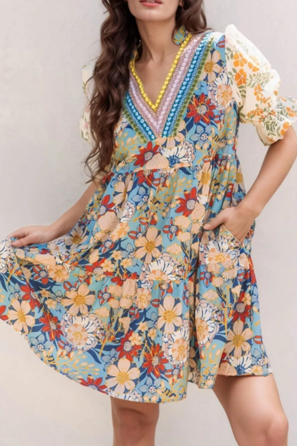 Printed Notched Flounce Sleeve Mini Dress-Nordavory