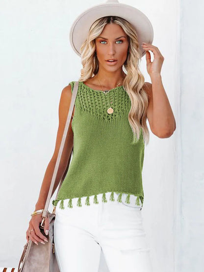 Cutout Tassel Round Neck Tank-Nordavory