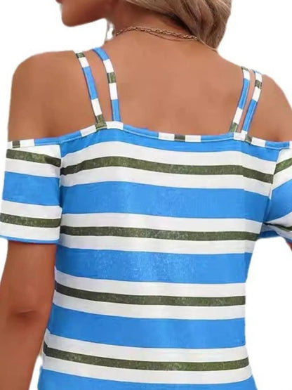Striped Cold Shoulder T-Shirt-Nordavory