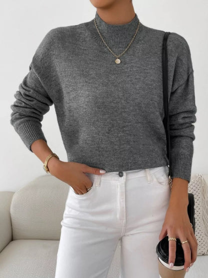 Mock Neck Dropped Shoulder Sweater-Nordavory