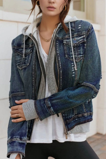 Fake Two-Piece Hooded Zip-Up Denim Jacket-Nordavory
