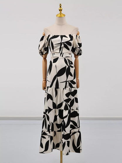 Off-Shoulder Cutout Leaf Print Maxi Dress-Nordavory