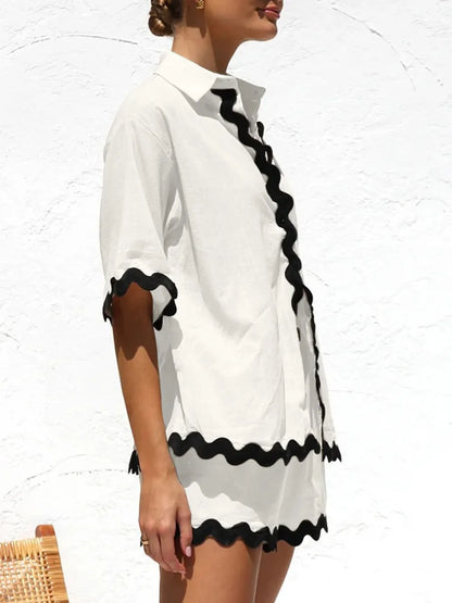 Contrast Trim Half Sleeve Top and Shorts Set-Nordavory
