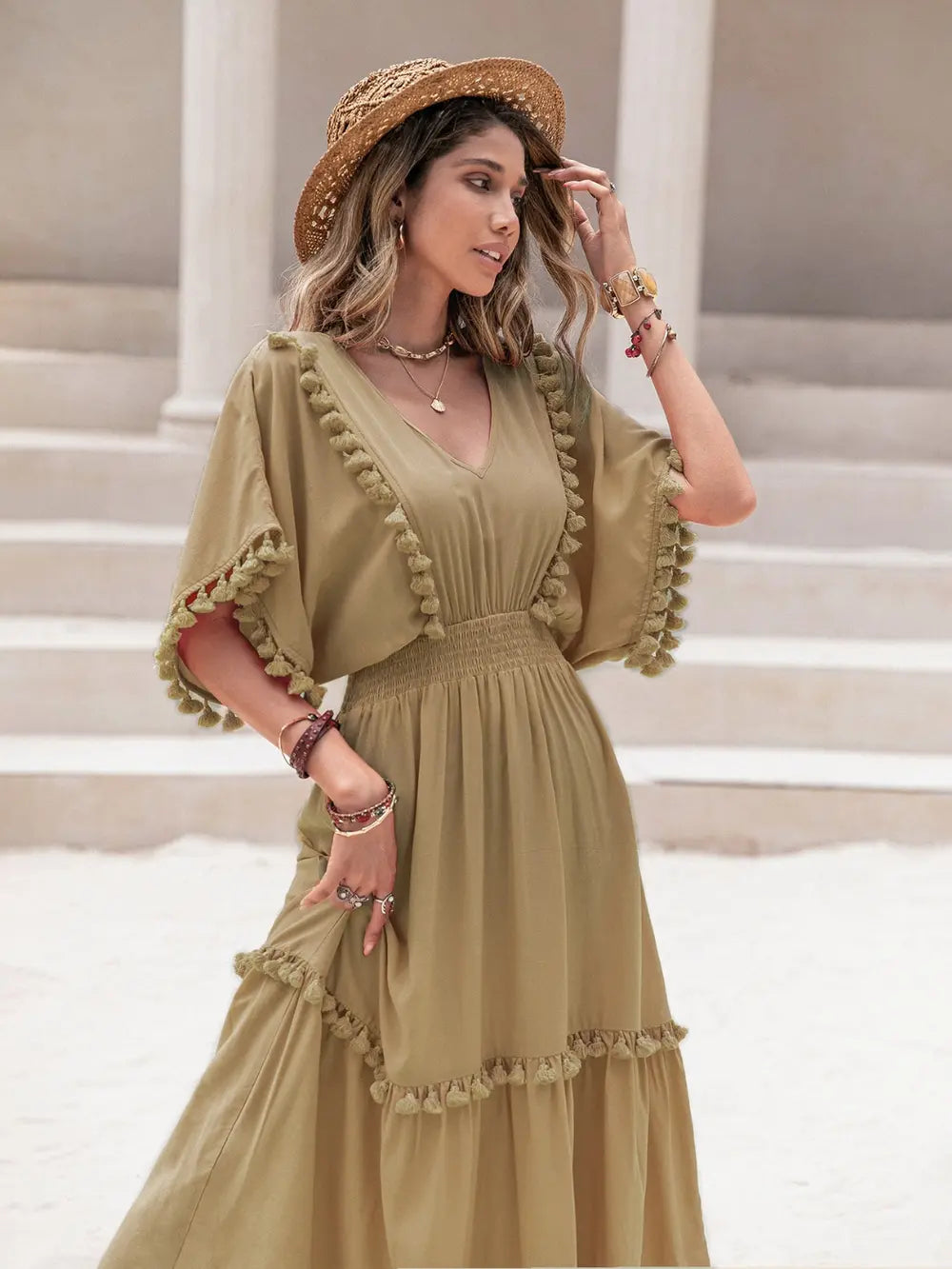 Tassel Trim Smocked V-Neck Short Sleeve Dress-Nordavory